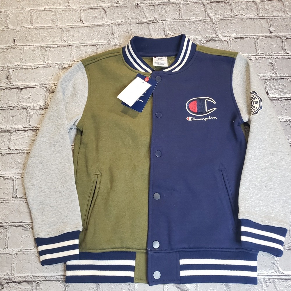 Champion Varsity Jacket Kids Small Size 8 - Olive Green Blue Colorblock Snap